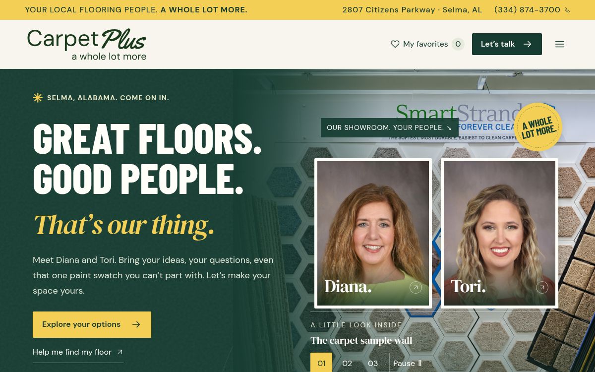 Carpet Plus website design with a green and gold showroom introduction